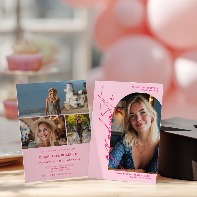 Modern neonskrift rosa examensfoto examen inbjudningar (Modern Script neon pink graduate photo graduation Invitation)