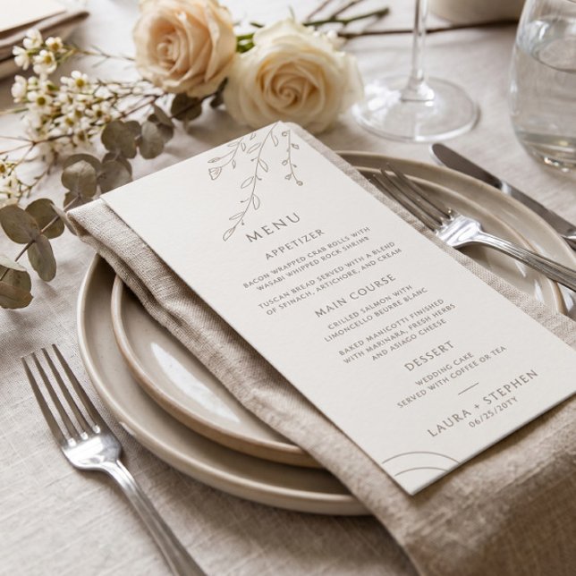 Modern Neutral Beige Botanisk Bröllopsmeny Meny (Skapare uppladdad)