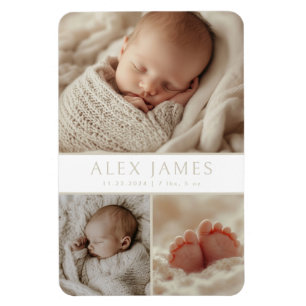 Modern Neutral Beige Photo Collage Nyfödd bebis Magnet