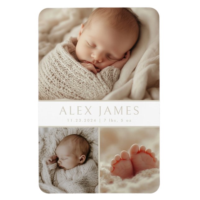 Modern Neutral Beige Photo Collage Nyfödd bebis Magnet (Vertikal)