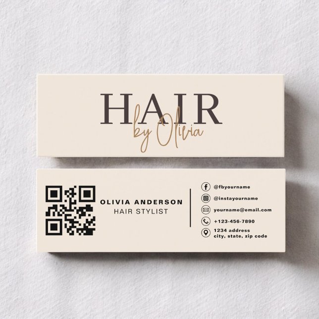 Modern Neutral Beige QR-kod Frisörkort Mini Visitkort (Skapare uppladdad)