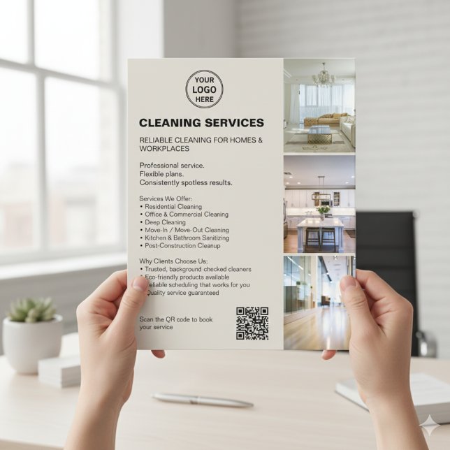 Modern Neutral Cleaning Services Photo Logo QR Flygblad (Modern Neutral Cleaning Services Photo Logo QR Flyer)