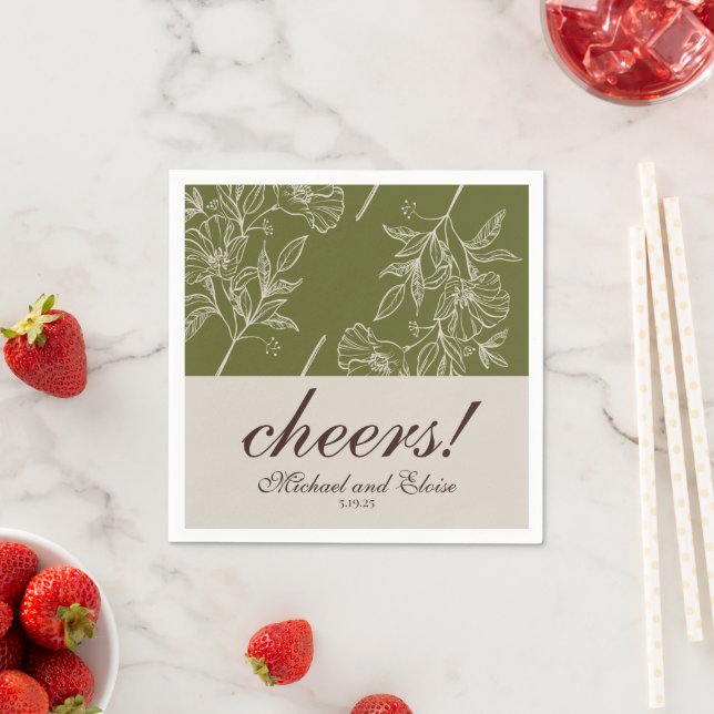 Modern Neutral Floral Cheers Personalized Wedding Pappersservett (Insitu)
