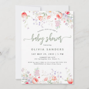 Modern neutral ljusgrön blomster baby shower inbjudningar
