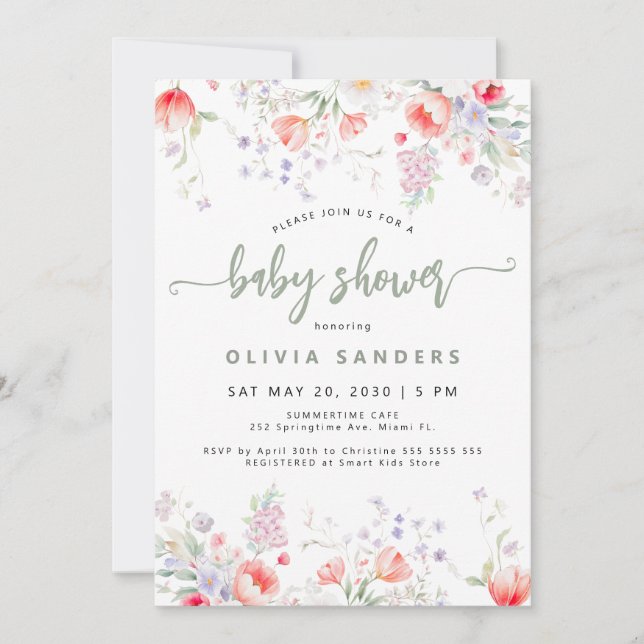 Modern neutral ljusgrön blomster baby shower inbjudningar (Framsida)