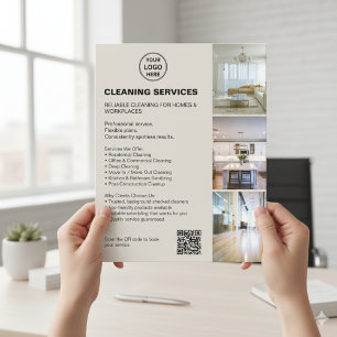 Modern Neutral Rengöringstjänster Foto Logotyp QR Flygblad