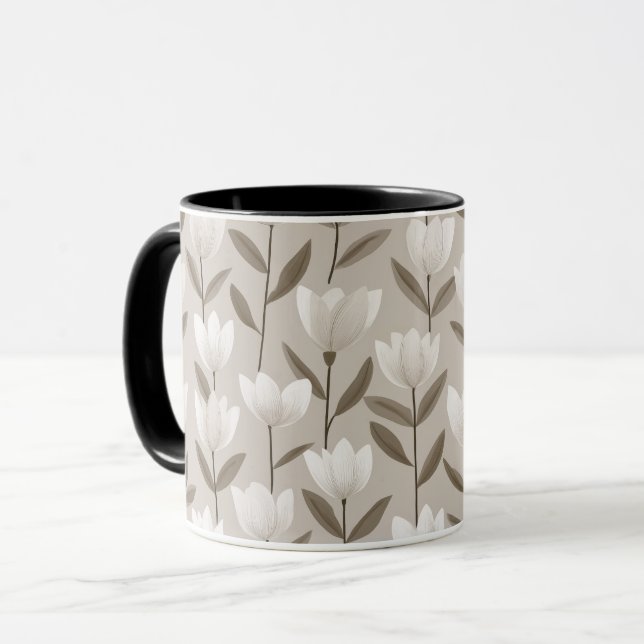 Modern Neutral Tulpan Elfenbensfärgad Blommig Möns Mugg (Framsida vänster)