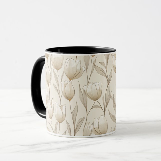 Modern Neutral Tulpan Elfenbensfärgad Blommig Möns Mugg (Framsida vänster)