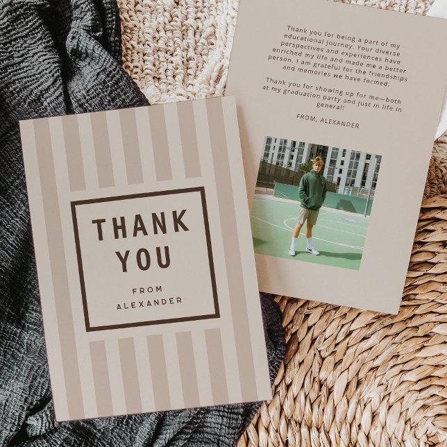 Modern neutrala ränder Examen Tack Kort (modern grey and beige sporty stripes graduation thank you card)