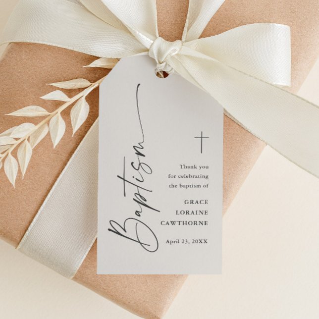 Modern Neutralt Baptism-Tack - fördel Presentetikett (Modern gender neutral baptism thank you favor tag with elegant script and simple typography.)