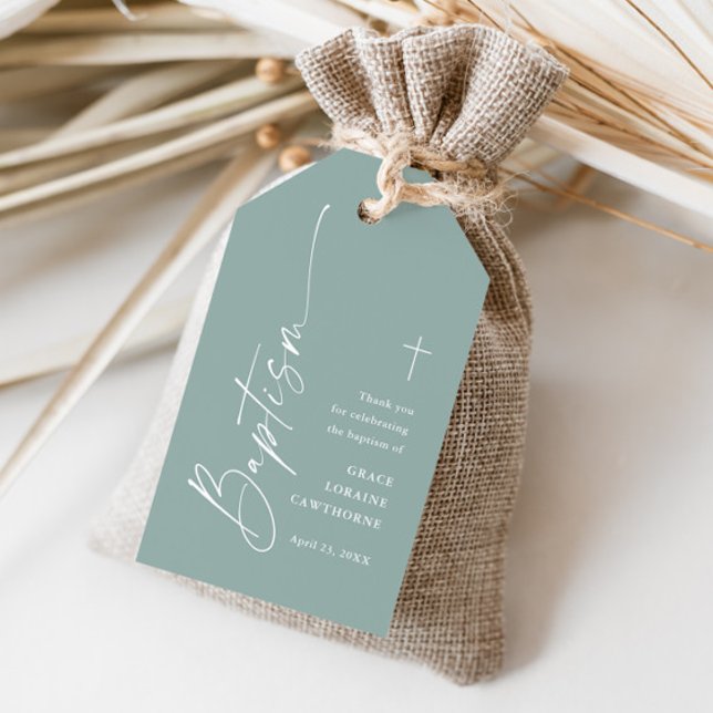 Modern Neutralt Baptism-Tack - fördel Presentetikett (Modern script sage green gender neutral baptism thank you favor tag.)
