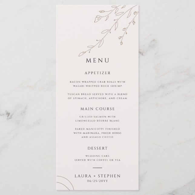 Modern Neutralt Beige Botanical Bröllop Menu Meny (Framsida)
