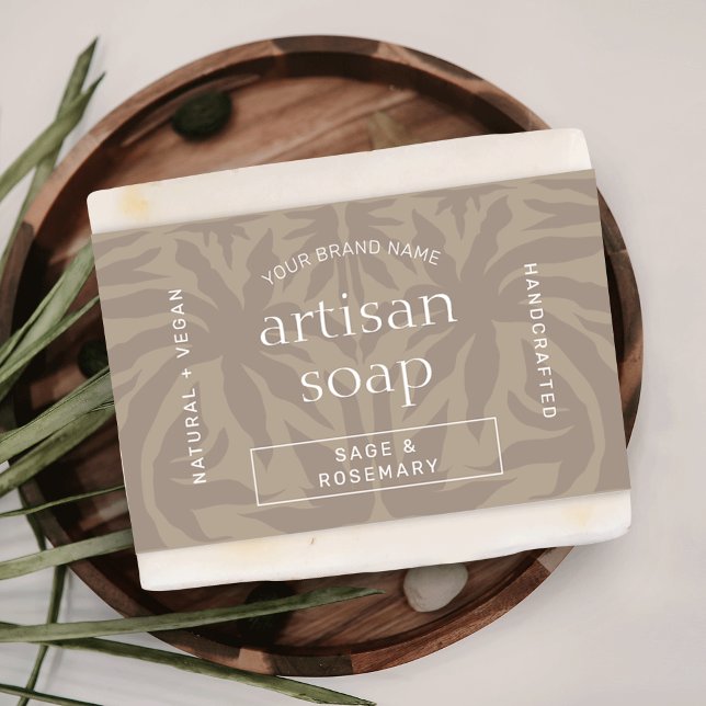 Modern Neutralt Beige Soap Pub-omslag runt etikett (Trendy neutral beige soap bar bellyband template with elegant serif fonts and modern layout)