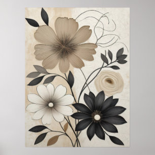 Modern Neutralt - blomma med fet Beige och svart B Poster