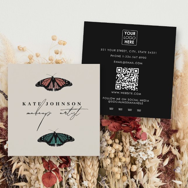Modern Neutralt Butterflies Makeup Artist Fyrkantigt Visitkort (Modern Neutral Butterflies Makeup Artist Square Business Card)