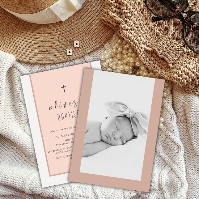 Modern Neutralt Kor Christening Photo Baptism Inbjudningar (Modern Neutral Cross Christening Photo Baptism Invitation)