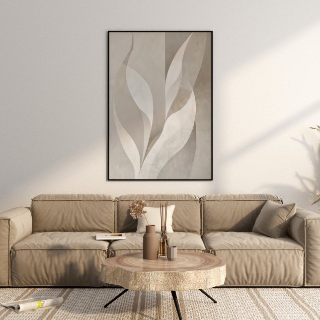 Modern Neutralt Löv Aesthetic Wall Art Art Poster (Modern Neutral Leaves Aesthetic Wall Art in a beautiful beige neutral boho luxe living room.)