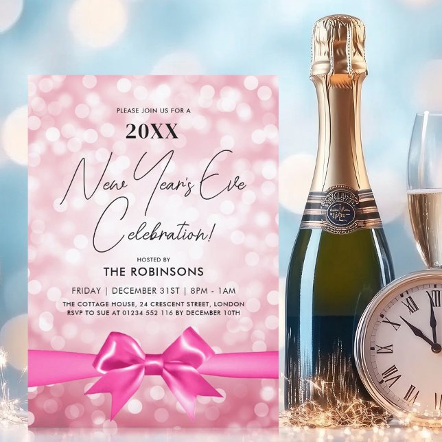 MODERN New Years Eve Party Blush Pink Bokeh Bow Inbjudningar (MODERN New Years Eve Party Blush Pink Bokeh Bow Invitation)
