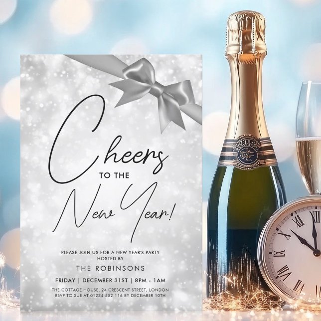 MODERN New Years Eve Silver Champagne Bokeh Bow Inbjudningar (MODERN New Years Eve Silver Champagne Bokeh Bow Invitation)