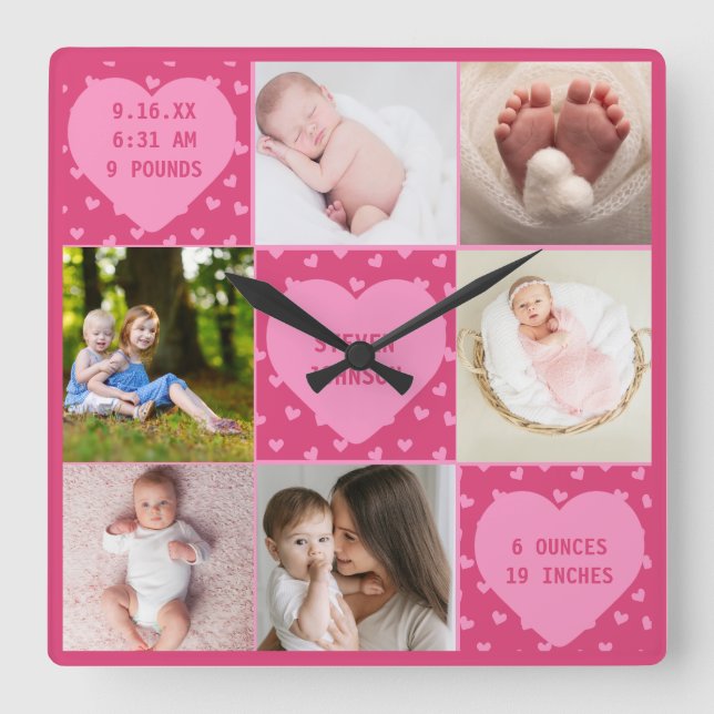 Modern Newborn Baby Personalized 6 Photo Collage  Fyrkantig Klocka (Framsida)
