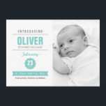 Modern News Mint Baby Birth Photo Anouncement Meddelande<br><div class="desc">Anpassa den här Snyggten Modern Anpassningsbar Photo Baby Birth Notice, designad som ett modernt tidningsmeddelande. Sätt in din egen information och ditt favoritfoto på din lilla baby. Ren, färsk och lätt design med mycket vitt i kombination med mint-blått och grått-text. Neutralt, perfekt för lodrät av flicka eller pojke. *Mallfoto kredit:...</div>