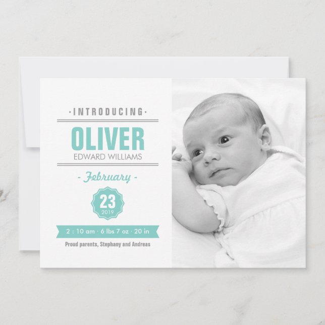 Modern News Mint Baby Birth Photo Anouncement Meddelande (Framsida)