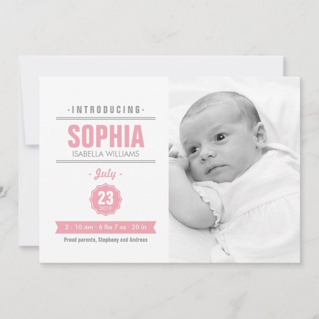 Modern News Rosa Baby Birth Photo Notice Meddelande (Framsida)