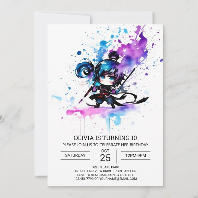 Modern Ninja Editable Girl Birthday Inbjudningar (Framsida)