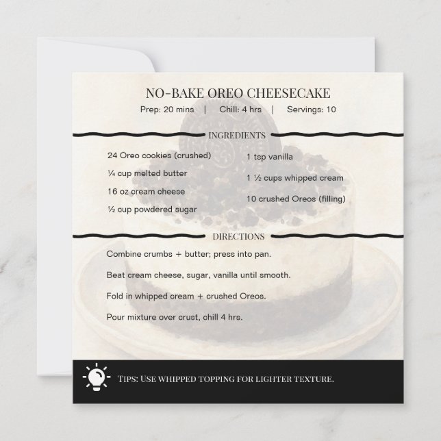 Modern No-Bake Oreo Cheesecake Recipe Card (Framsida)