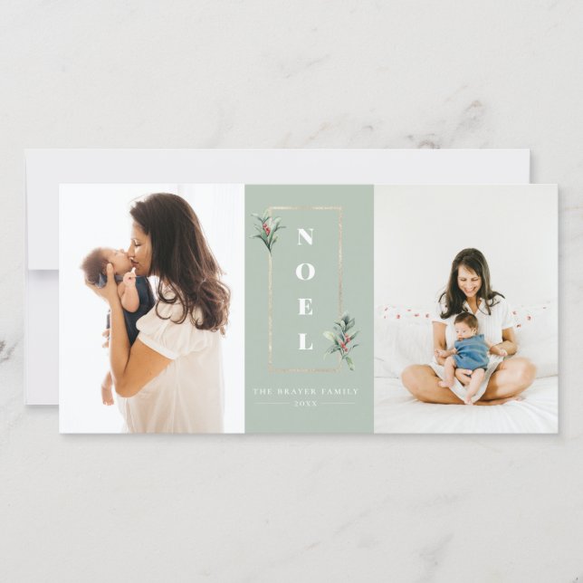 Modern NOEL Guld Winter Berry Ram Photo Julkort (Framsida)