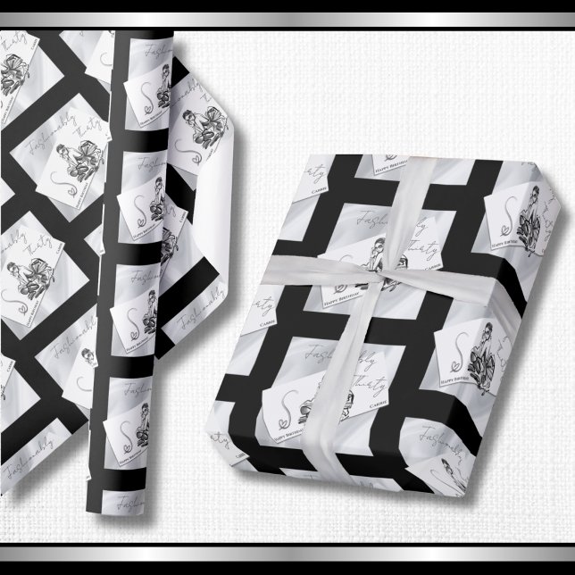 Modern Noir 30-års Födelsedags Couture Presentpapp Presentpapper (Chic Noir couture wrapping paper with a modern repeating fashion card print.)