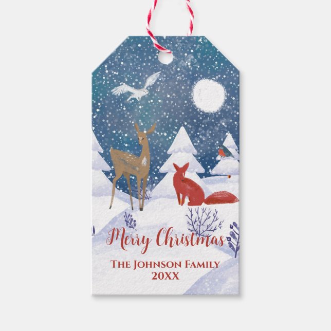 Modern nordisk vintersnö Natträv Hjortar Presentetikett (Framsidan)