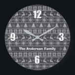 Modern Nordiska Sticka Ugly Sweater Chalkboard Nam Stor Klocka<br><div class="desc">Fira julhelgen i "stil" med den här moderna, nordiska stil, fula svettaren i mönster, skräddarsydd namnklocka! Cute, finstilt träd, renar och prydnadsföremål i vitt täcker en bakgrund av krita. Gå på helgdag med familj och vänner när du tittar på den här roligten. Anpassa med ditt namn eller anpassningsbar hälsning. Val...</div>