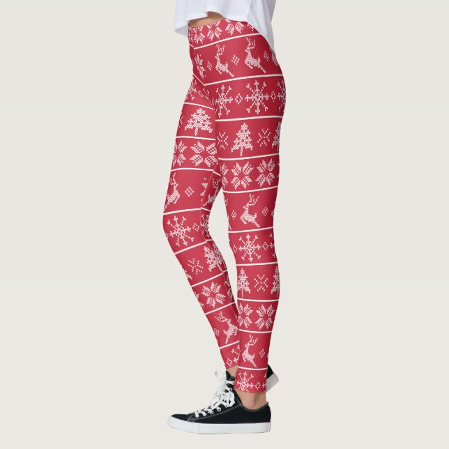 Modern Nordiska Sticka Ugly Sweater Red White Möns Leggings (Vänster)