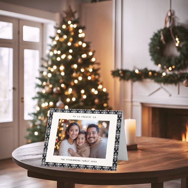Modern nordiska svarta och vita fotopatjulkort helgkort (Neutral Snowflake Modern Christmas Folded Card black)