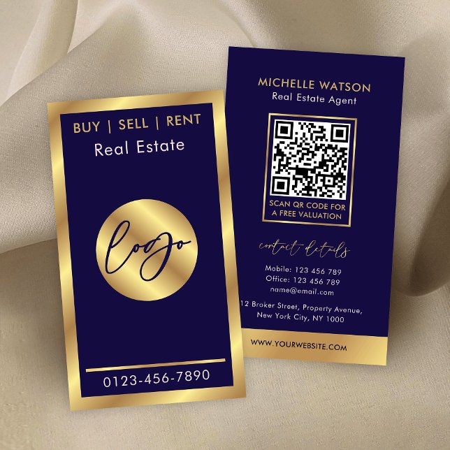 Modern Notary Real Gods QR-kod för marin och Guld  Visitkort (Navy and gold real estate agent QR Code business cards)