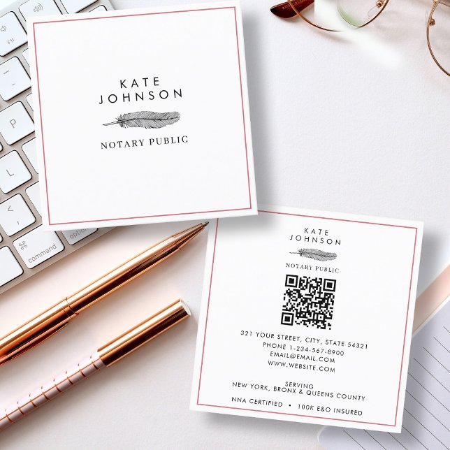 Modern Notary Signing Agent Feather Quill Logotyp Fyrkantigt Visitkort (Modern Notary Signing Agent Feather Quill Logo Square Business Card)