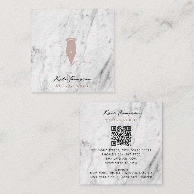 Modern Notary Signing Agent QR Code Marble Pink Fyrkantigt Visitkort (Fram/baksida)