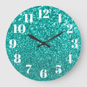 Modern Numbers Faux Sparkly Teal Glitter Photo Stor Klocka