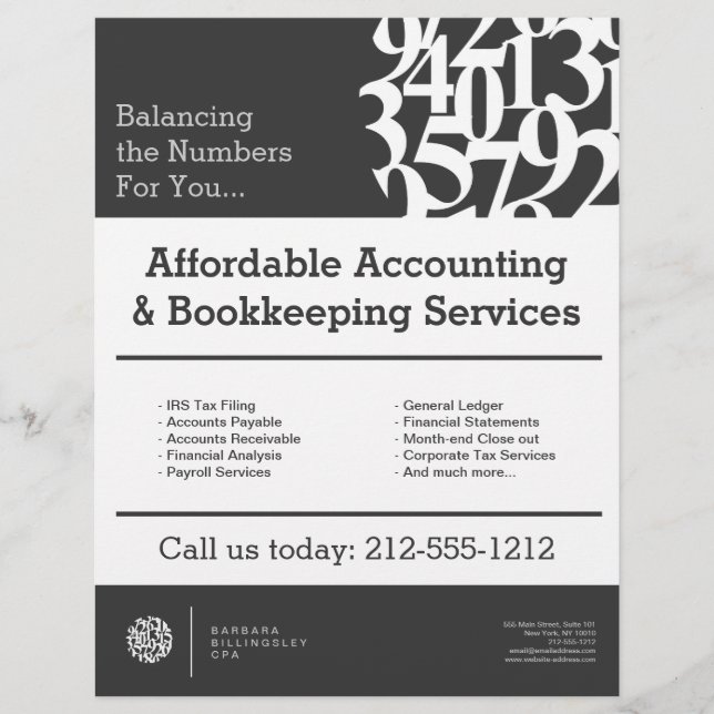 Modern Numbers Logotyp II Accountant Grått Reklamblad (Framsidan)