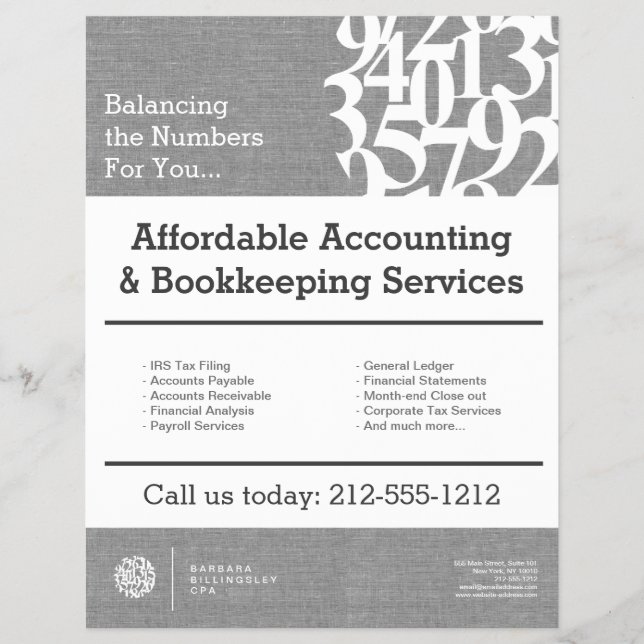 Modern Numbers Logotyp Linen Accountant Reklamblad (Framsidan)