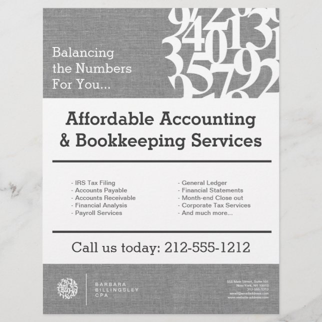 Modern Numbers Logotyp Linen Accountant Reklamblad (Framsidan)