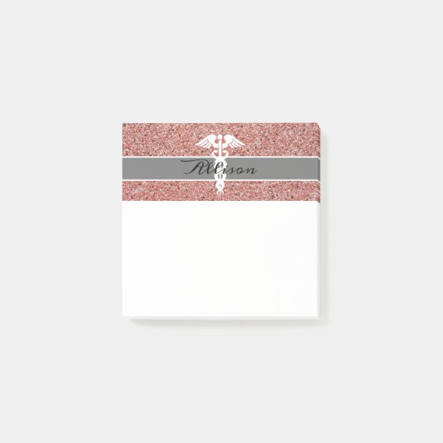 Modern Nurse Caduceus Ro Guld Rosa Glitter Post-it Block (Framsida)