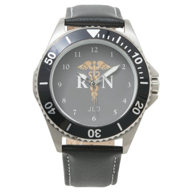 Modern Nurse RN Black Grått Monogram Manar Armbandsur (Framsida)
