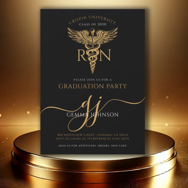 Modern Nurse Studentfest Guld Script Black Inbjudningar (Skapare uppladdad)