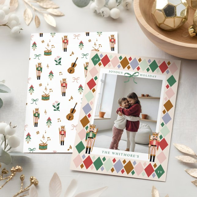 Modern Nutcracker Argyle Diamond Mönster Photo Julkort (Modern Nutcracker Argyle Diamond Pattern Photo Holiday Card)