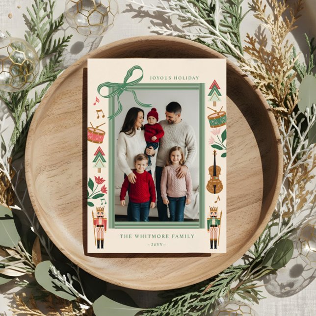 Modern Nutcracker-julfack Ribbon Photo Ram Julkort (Modern Nutcracker Christmas Bow Ribbon Photo Frame Holiday Card)