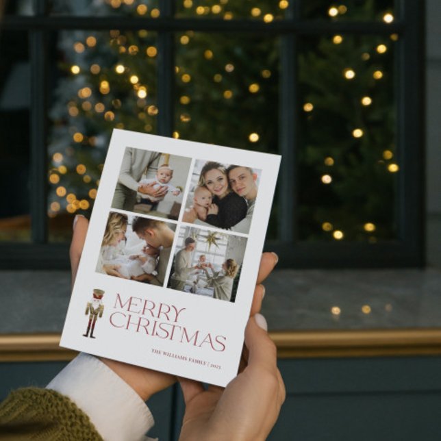 Modern Nutcracker Merry Typography 4 Photo Julkort (A Nutcracker Holiday! Wishing You a Merry Christmas in Modern Minimalist Style. 🎄🎭 )