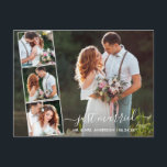 Modern Ny gifta 4-foto i Trendiget 4 Vykort<br><div class="desc">Modern Trendig Script Bröllop 4 Photo Ny gifta annons vykort</div>