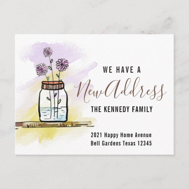 Modern Nyadress Vattenfärg Blommor Hem Flytt Meddelande Vykort (Framsida)